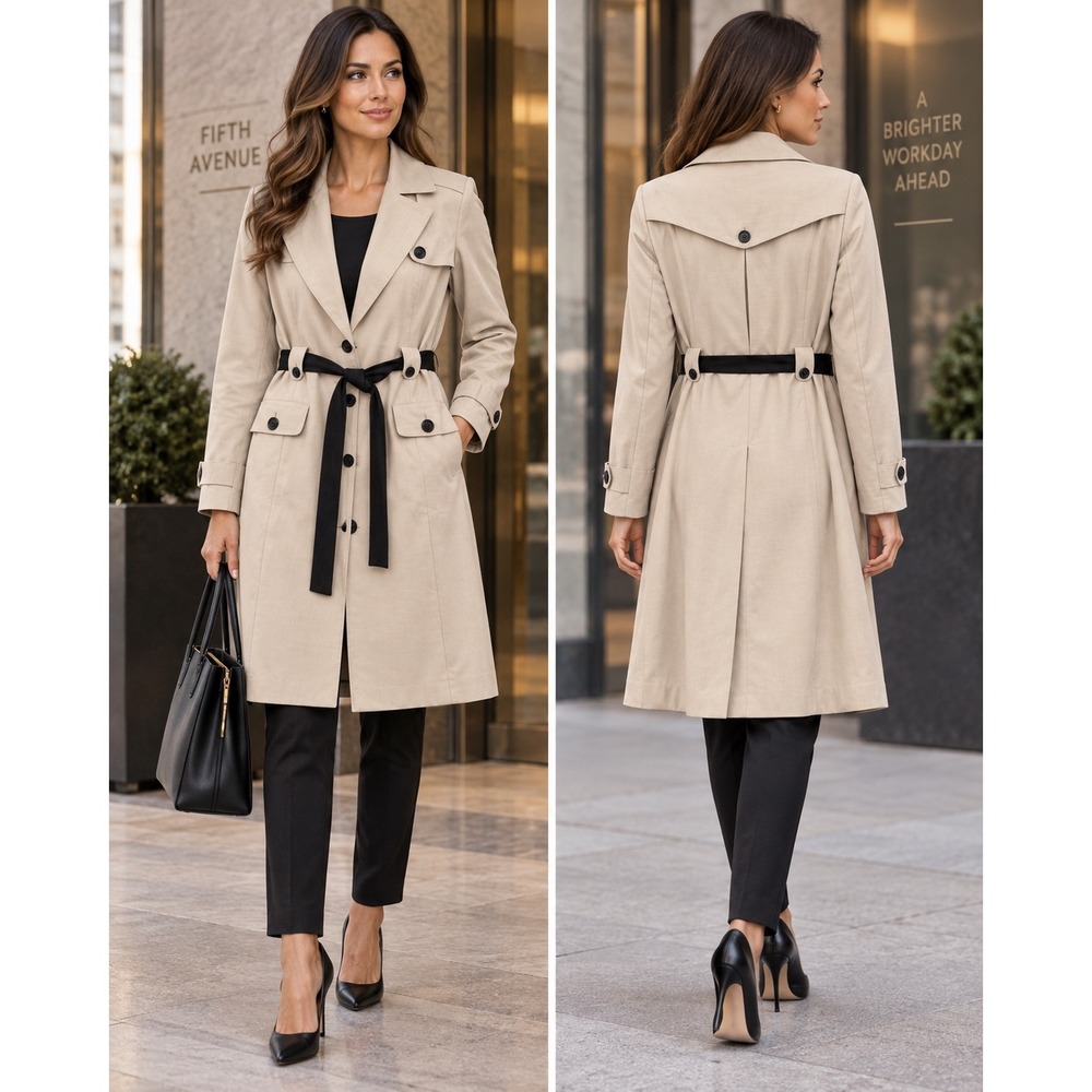 Ann Taylor LOFT Beige Wool Trenchcoat SZ  10 Belted Jacket Career Flattering